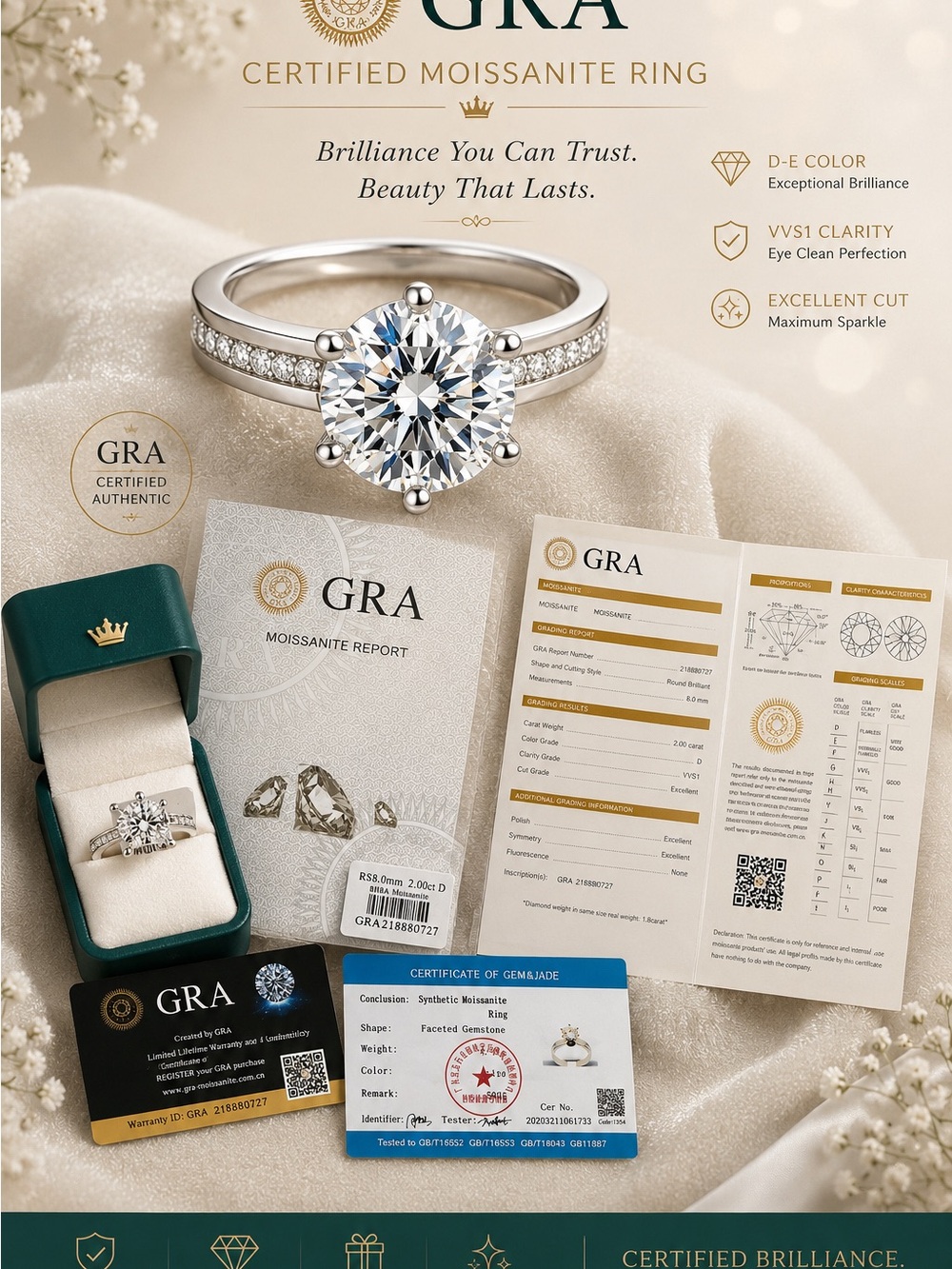 GRA Certified Moissanite 2 Carat Solitaire Ring in 925 Sterling Silver Size 9 - Picture 2 of 8